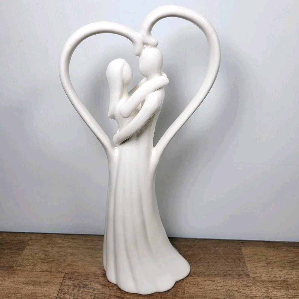 White Ceramic Couple Heart Sculpture 9.5" Modern Love Wedding Decor Minimalist